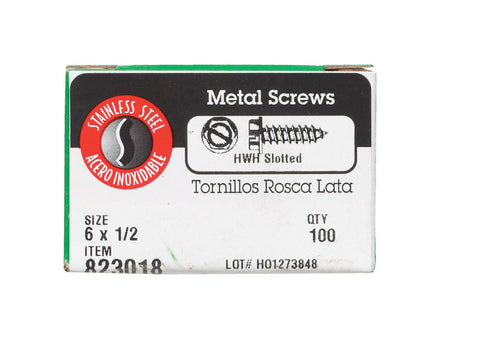 Hillman Hex Washer Slotted Drive Sheet Metal Screws Stainless Steel 6 x 1/2 in. L 100 per box