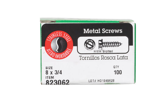 Hillman Hex Washer Slotted Drive Sheet Metal Screws Stainless Steel 8 x 3/4 in. L 100 per box