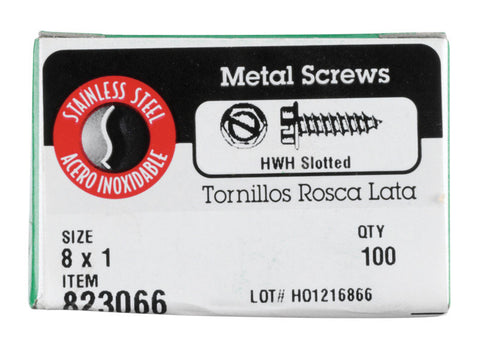 Hillman Hex Washer Slotted Drive Sheet Metal Screws Stainless Steel 8 x 1 in. L 100 per box