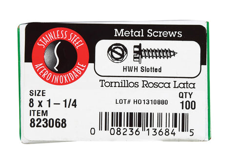 Hillman Hex Washer Slotted Drive Sheet Metal Screws Stainless Steel 8 x 1-1/4 in. L 100 per b