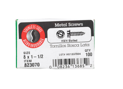 Hillman Hex Washer Slotted Drive Sheet Metal Screws Stainless Steel 8 x 1-1/2 in. L 100 per b