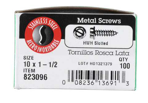 Hillman Hex Washer Slotted Drive Sheet Metal Screws Stainless Steel 10 x 1-1/2 in. L 100 per