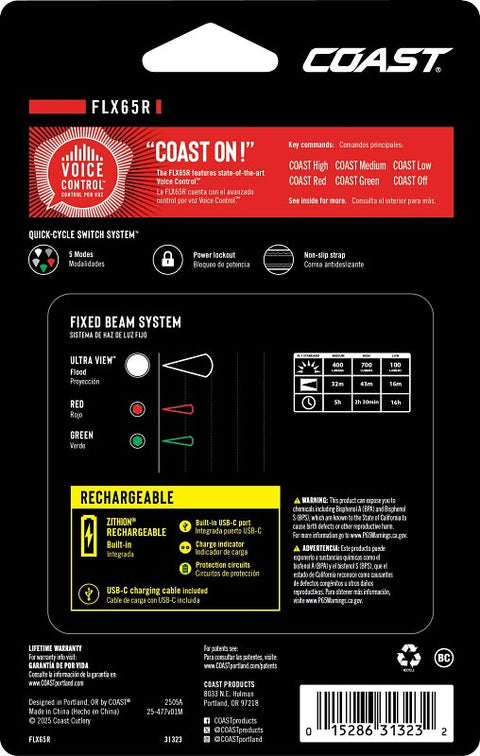 Coast FLX65R Headlamp, Zithion-X Battery, LED Lamp, 700 Lumens, Flood Beam, 180 m Beam Distance, 16 hr Run Time, Black