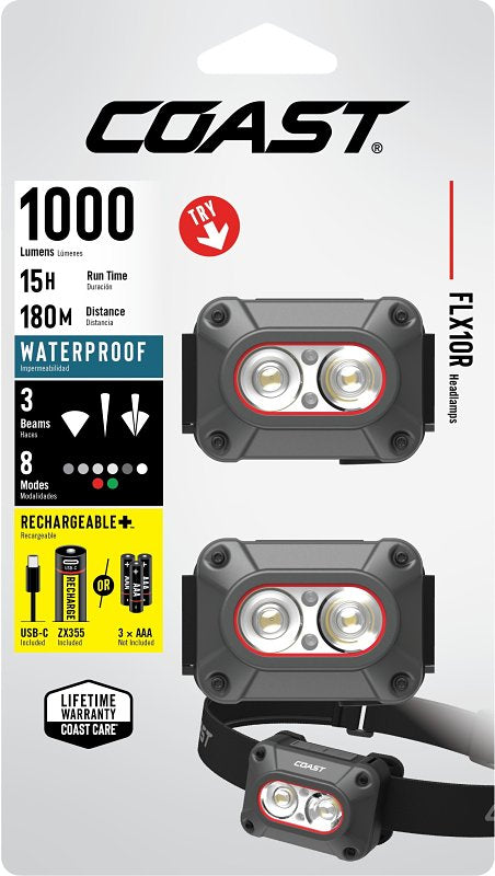 Coast FLX10R Headlamp, AAA Battery, Zithion-X Battery, LED Lamp, 1000 Lumens, Flood, Spot Beam, 43 m Beam Distance