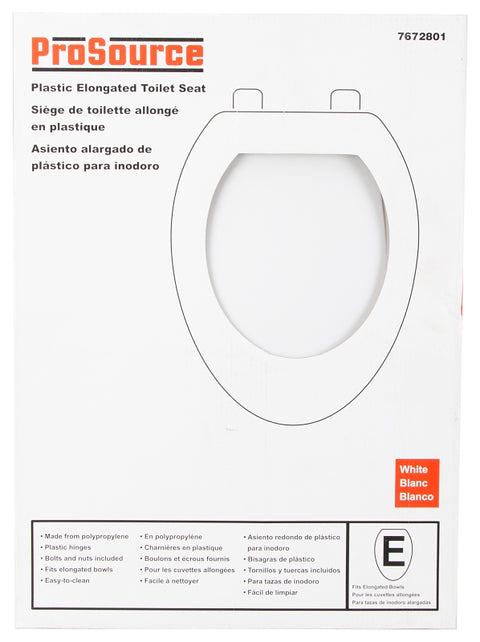 ProSource KJ-873A1-WH Toilet Seat, Elongated, Plastic, White, Plastic Hinge