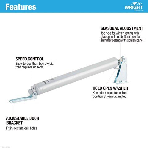 Wright Products V1022 Pneumatic Screen and Storm Door Closer, 10-1/2 in Dia Rod, 12-1/4 in L, Gloss, 90 deg Opening