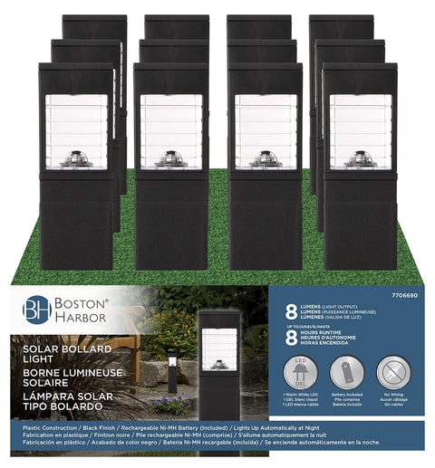 Boston Harbor 27091 Solar Bollard Pathway Light, Ni-MH Battery, AA Battery, 1-Lamp, LED Lamp, Plastic Fixture, Black, Pack of 12