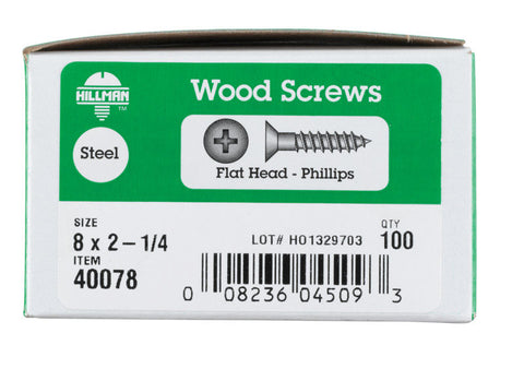 Hillman Flat Wood Screw No. 8 x 2-1/4 in. L Zinc Steel 100 pk