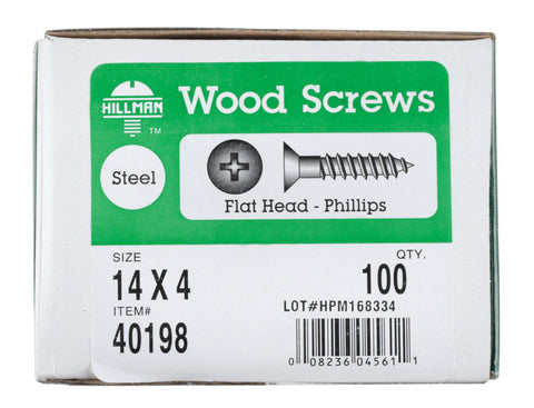 Hillman Flat Wood Screw No. 14 x 4 in. L Zinc Steel