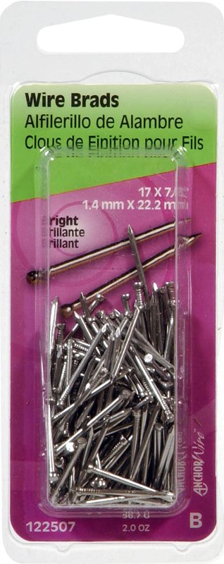 Hillman 122507 Wire Brad, 7/8 in L, Steel, Bright, Brad Head, Thin Shank, 2 oz, Pack of 6