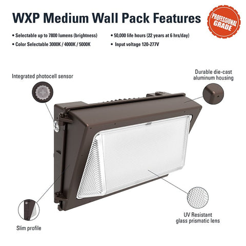 Halo WXP Series WXPM80LSFSUNVDB Wall Pack, 60 W, 120/277 V, LED, 7520 Lumens, 5000 K, Aluminum