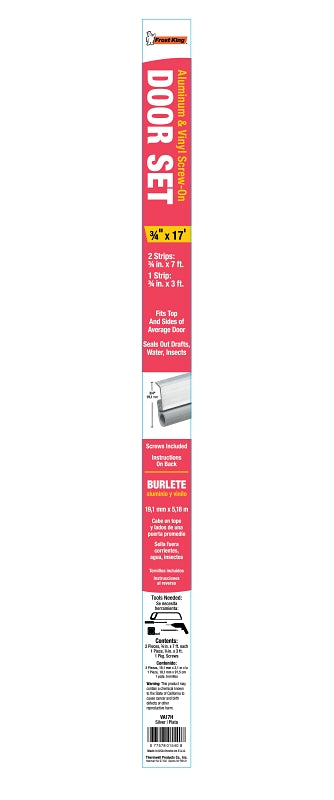 Frost King VA17H Door Set, 3/4 in W, 17 ft L, Aluminum/Vinyl, Silver, Screw Mounting