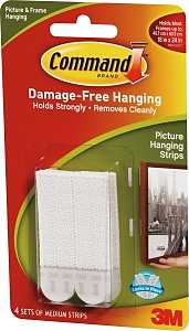 Command 17201-4PK Picture Hanging Strip, 3 lb/set, Foam, White, 4/SET