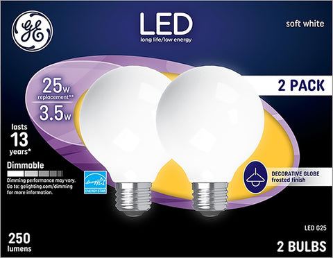 GE 31228 Replacement Bulb, Decorative, G25 Lamp, 25 W Equivalent, Medium (E26) Lamp Base, Dimmable, Frosted