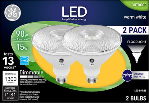GE 38452 Floodlight Bulb, PAR38 Lamp, 90 W Equivalent, Medium Lamp Base, Dimmable, Bright White Light, 3000 K Color Temp