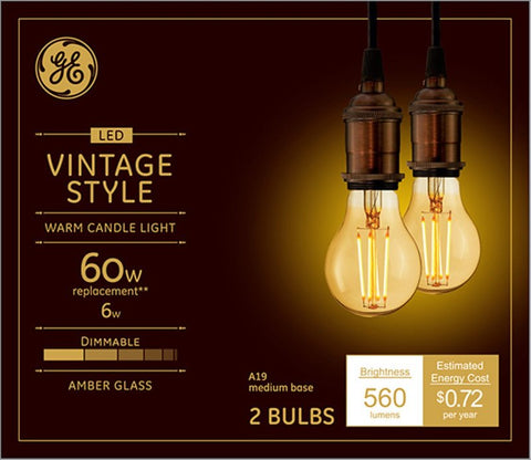 GE 42162 Replacement Bulb, Decorative, Vintage, A19 Lamp, 60 W Equivalent, Medium (E26) Lamp Base, Dimmable, Amber