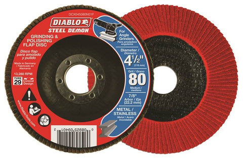 Diablo DCX045080N01F Conical Heavy Duty Premium Type 29 Flap Disc, 4-1/2 in Dia, 80 Grit, Medium Grade, 7/8 in Shank