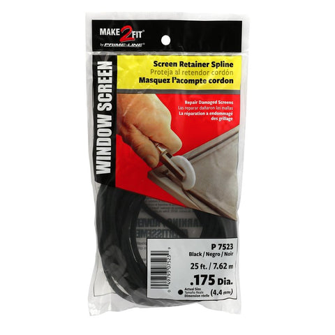 Make-2-Fit P 7523 Screen Retainer Spline, 0.175 in D, 25 ft L, Vinyl, Black, Round