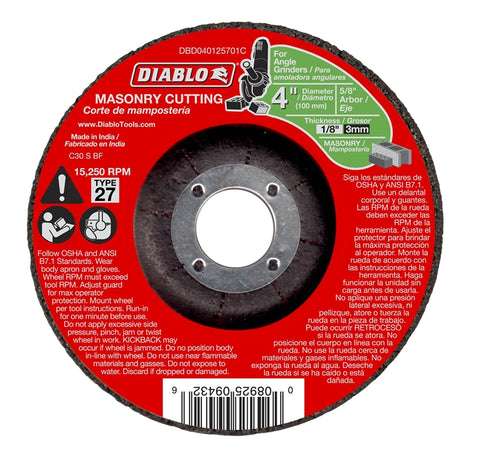 Diablo DBD040125701C Depressed Center Type 27 Cut-Off Disc, 4 in Dia, 5/8 in, 15250 rpm, Aluminum Oxide Blend