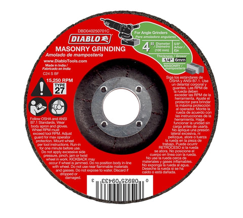 Diablo DBD040250701C Depressed Center Type 27 Grinding Disc, 4 in Dia, 5/8 in, 15250 rpm, Aluminum Oxide Blend