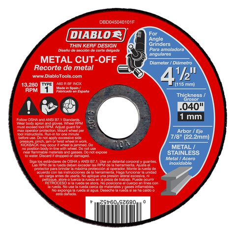 Diablo DBD045040101F Flat Thin Kerf Type 1 Cut-Off Disc, 4-1/2 in Dia, 7/8 in, 13280 rpm, Aluminum Oxide Blend