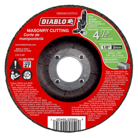 Diablo DBD045125701C Depressed Center Type 27 Cut-Off Disc, 4-1/2 in Dia, 7/8 in, 13280 rpm, Aluminum Oxide Blend