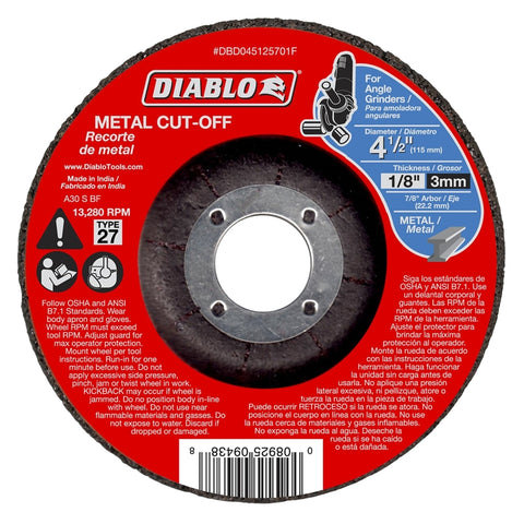 Diablo DBD045125701F Depressed Center Type 27 Cut-Off Disc, 4-1/2 in Dia, 7/8 in, 13280 rpm, Aluminum Oxide Blend