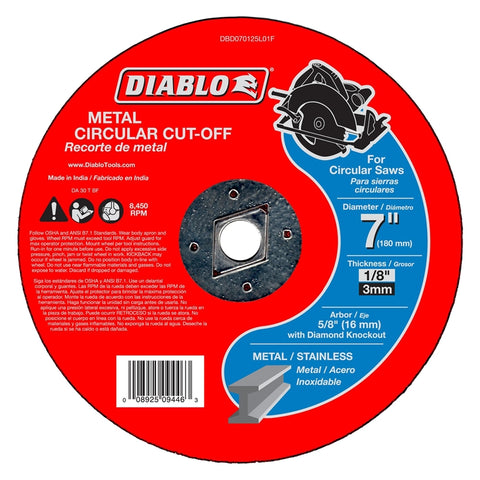 Diablo DBD070125L01F Type 1 Circular Cut-Off Disc, 7 in Dia, 5/8 in, 8450 rpm, Aluminum Oxide Blend