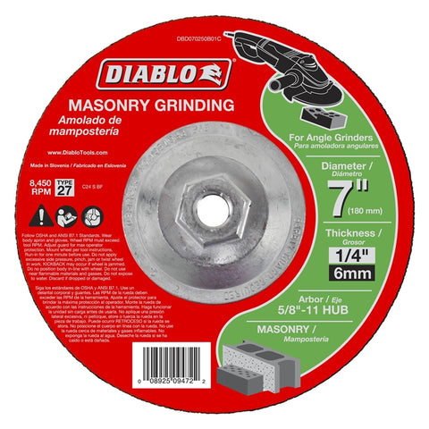 Diablo DBD070250B01C Depressed Center Type 27 Grinding Disc, 7 in Dia, 5/8-11, 8450 rpm, Aluminum Oxide Blend