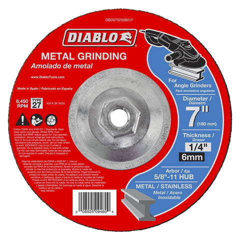 Diablo DBD070250B01F Depressed Center Type 27 Grinding Disc, 7 in Dia, 5/8-11, 8450 rpm, Aluminum Oxide Blend