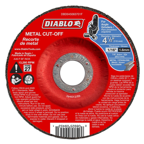 Diablo DBD045063701F Depressed Center Type 27 Cut-Off Disc, 4-1/2 in Dia, 7/8 in, 13280 rpm, Aluminum Oxide Blend