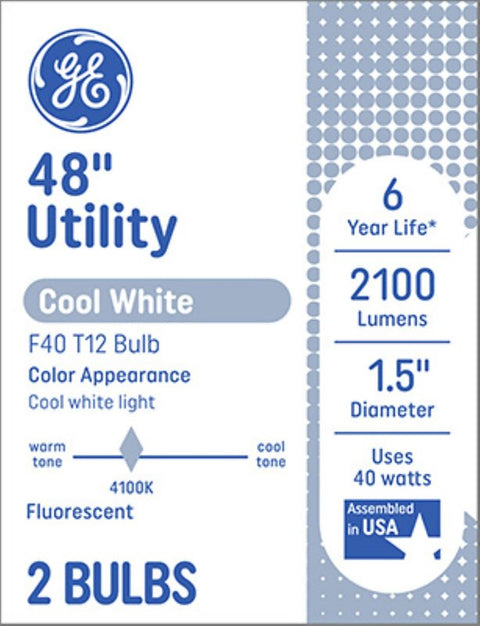GE 66651 Light Bulb, 4100 K Color Temp, Cool White, 2100 Lumens, 40 W, T12 Lamp, G13 Medium Bi-Pin Lamp Base, Pack of 9