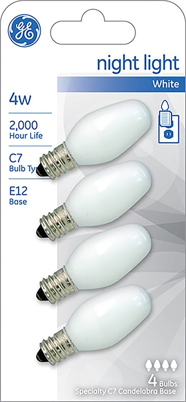 GE 20573 Night Light Bulb, 4 W, E12 Candelabra Lamp Base, C7 Lamp, White Light, 14 Lumens, 2000 hr Average Life, Pack of 6
