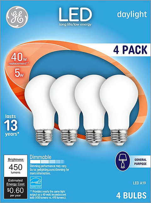 GE 93098312 LED Bulb, General Purpose, A19 Lamp, 40 W Equivalent, E26 Lamp Base, Dimmable, White, Daylight Light