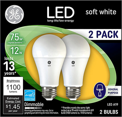 GE 93127324 Light Bulb, General-Purpose, A19 Lamp, 75 W Equivalent, Medium (E26) Lamp Base, Dimmable, Frosted