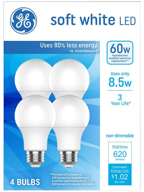 GE 93131063 LED Light Bulb, General-Purpose, A19 Lamp, 60 W Equivalent, E26 Medium Lamp Base, Non-Dimmable