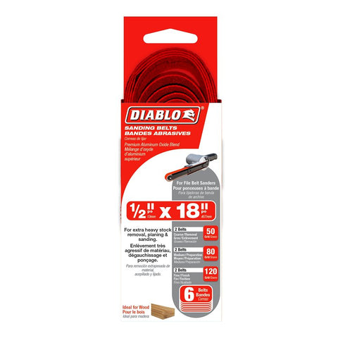 Diablo DCB518ASTS06G Sanding Belt Assorted Pack, 1/2 in W, 18 in L, 50, 80, 120 Grit, Coarse, Fine, Medium