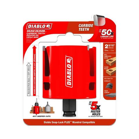 Diablo Demo Demon DHS2563CTR Hole Saw, 2-9/16 in Dia, 2-3/8 in D Cutting, 1-5/8 in Arbor, Carbide Cutting Edge