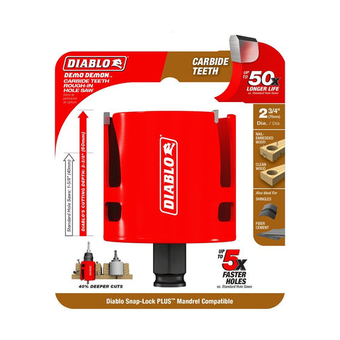 Diablo Demo Demon DHS2750CTR Hole Saw, 2-3/4 in Dia, 2-3/8 in D Cutting, 1-5/8 in Arbor, Carbide Cutting Edge