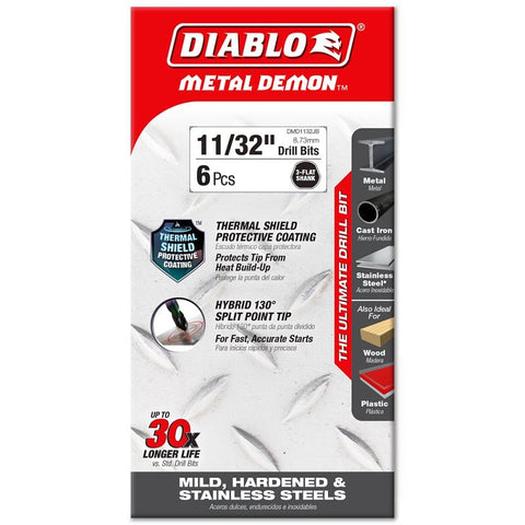 Diablo DMD1132JB Drill Bit, 11/32 in Dia, 5.2 in OAL, 3-Flat Shank, Pack of 6