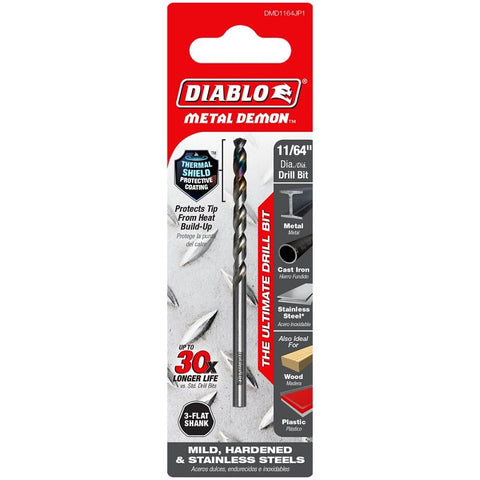 Diablo Metal Demon DMD1164JP1 Drill Bit, 11/64 in Dia, 3.1 in OAL, Three-Flat Shank