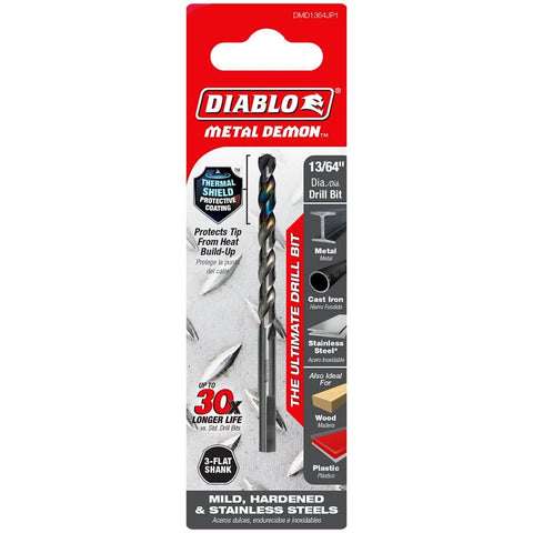 Diablo Metal Demon DMD1364JP1 Drill Bit, 13/64 in Dia, 3.4 in OAL, Three-Flat Shank