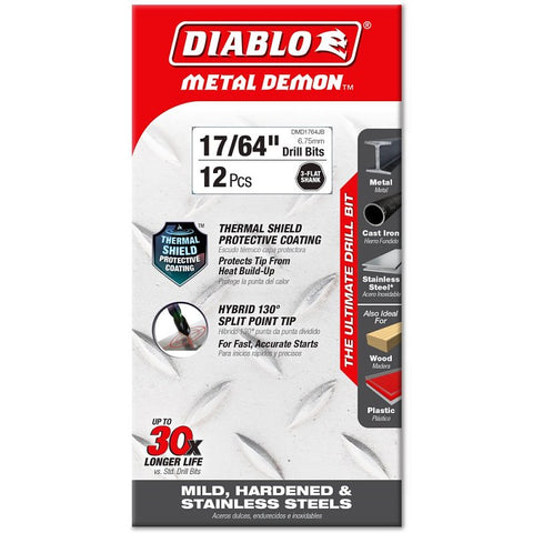 Diablo DMD1764JB Drill Bit, 17/64 in Dia, 4.3 in OAL, 3-Flat Shank, Pack of 12