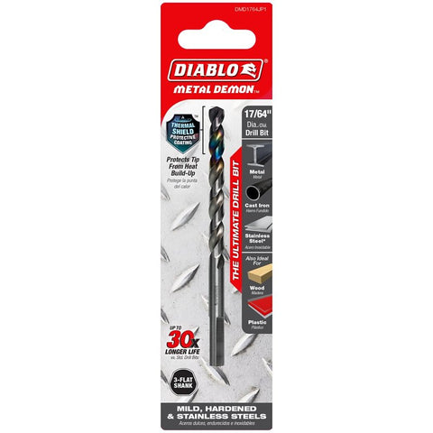 Diablo Metal Demon DMD1764JP1 Drill Bit, 17/64 in Dia, 4.3 in OAL, Three-Flat Shank