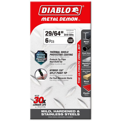 Diablo Metal Demon DMD2964JP1 Drill Bit, 29/64 in Dia, 5.6 in OAL, Three-Flat Reduced Shank, Pack of 6