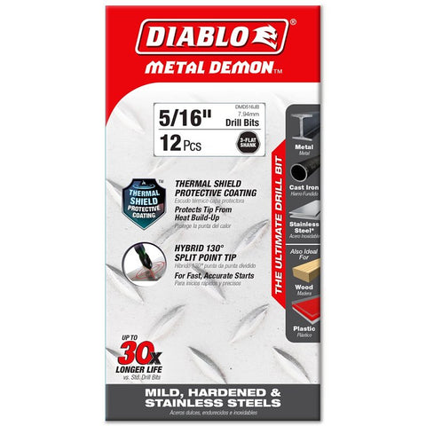 Diablo Metal Demon DMD516JP1 Drill Bit, 5/16 in Dia, 4.6 in OAL, Three-Flat Shank, Pack of 12