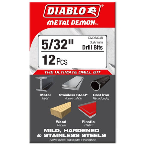 Diablo Metal Demon DMD532JP1 Drill Bit, 5/32 in Dia, 3 in OAL, Three-Flat Shank, Pack of 12