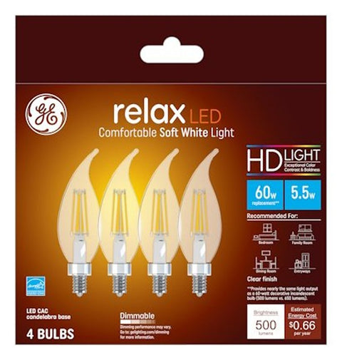 GE Industrial Solutions 43227 LED Bulb, 120 V, 500 Lumens, 5.5 W, CAC Lamp, E12 Lamp Base, Dimmable, Clear