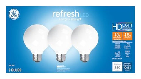 GE Industrial Solutions 43281 LED Bulb, Globe, 350 Lumens, 4.5 W, G25 Lamp, E26 Lamp Base, Dimmable, Frosted, Daylight