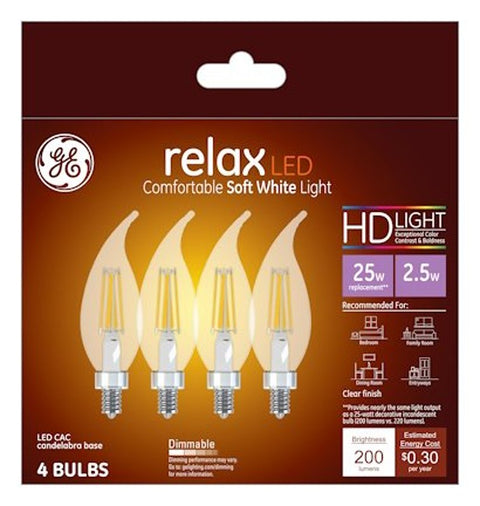 GE Industrial Solutions 45555 LED Bulb, Decorative, 200 Lumens, 2.5 W, CAC Lamp, E12 Lamp Base, Dimmable, Soft White